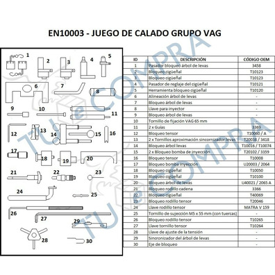 Kit de bloqueio e sincronizacão para motores Audi, Seat, VW e Skoda 1.2, 1.4, 1.6, 1.9